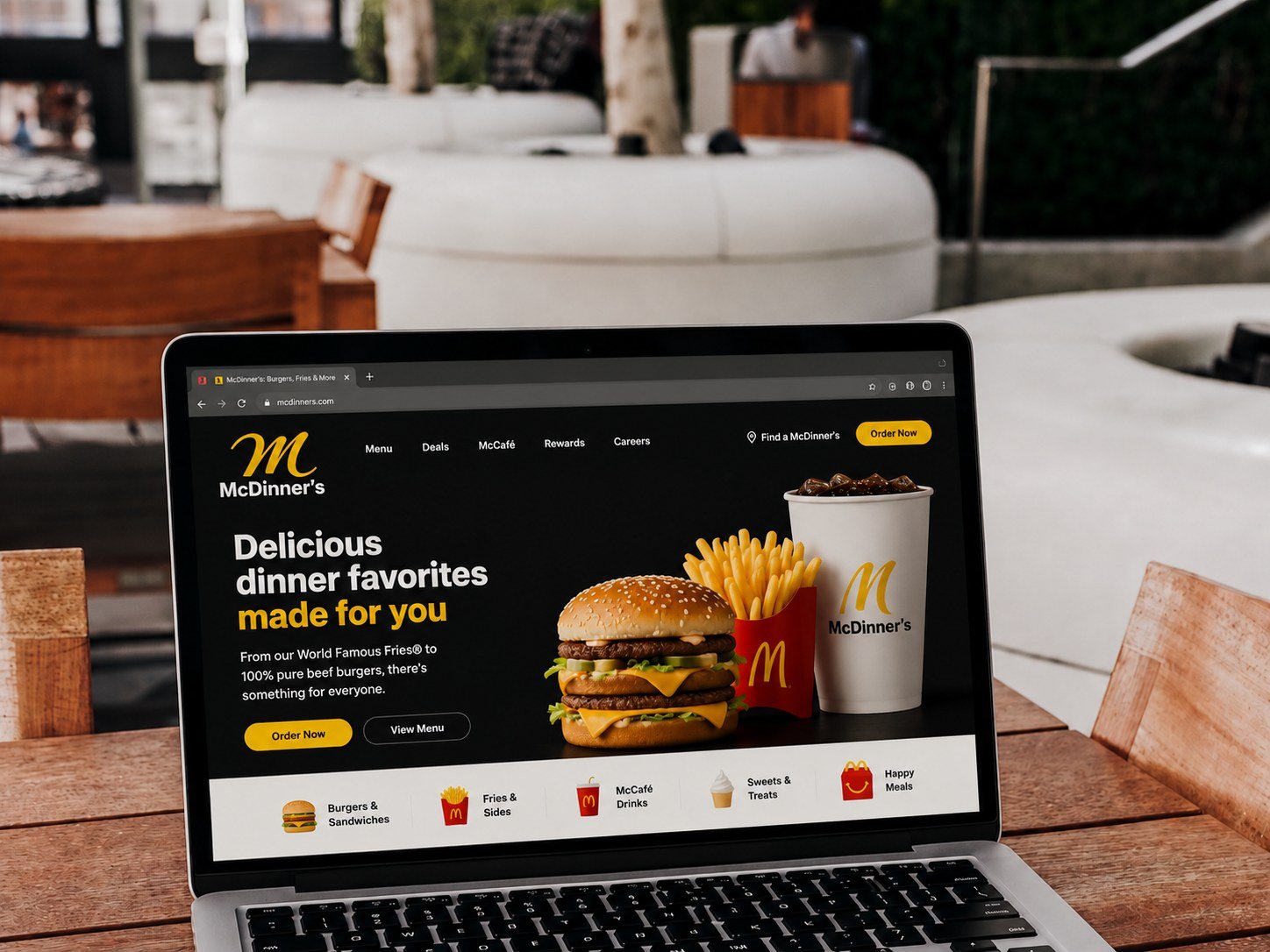 Photo of a laptop showing the homepage for a fast food restaurant named McDinner's