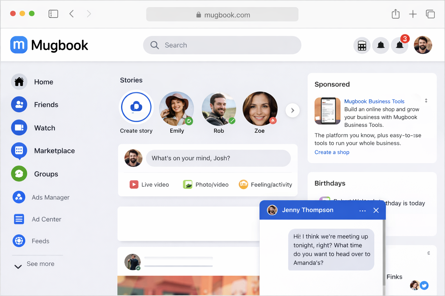 A static image of a fictional social media site named Mugbook.