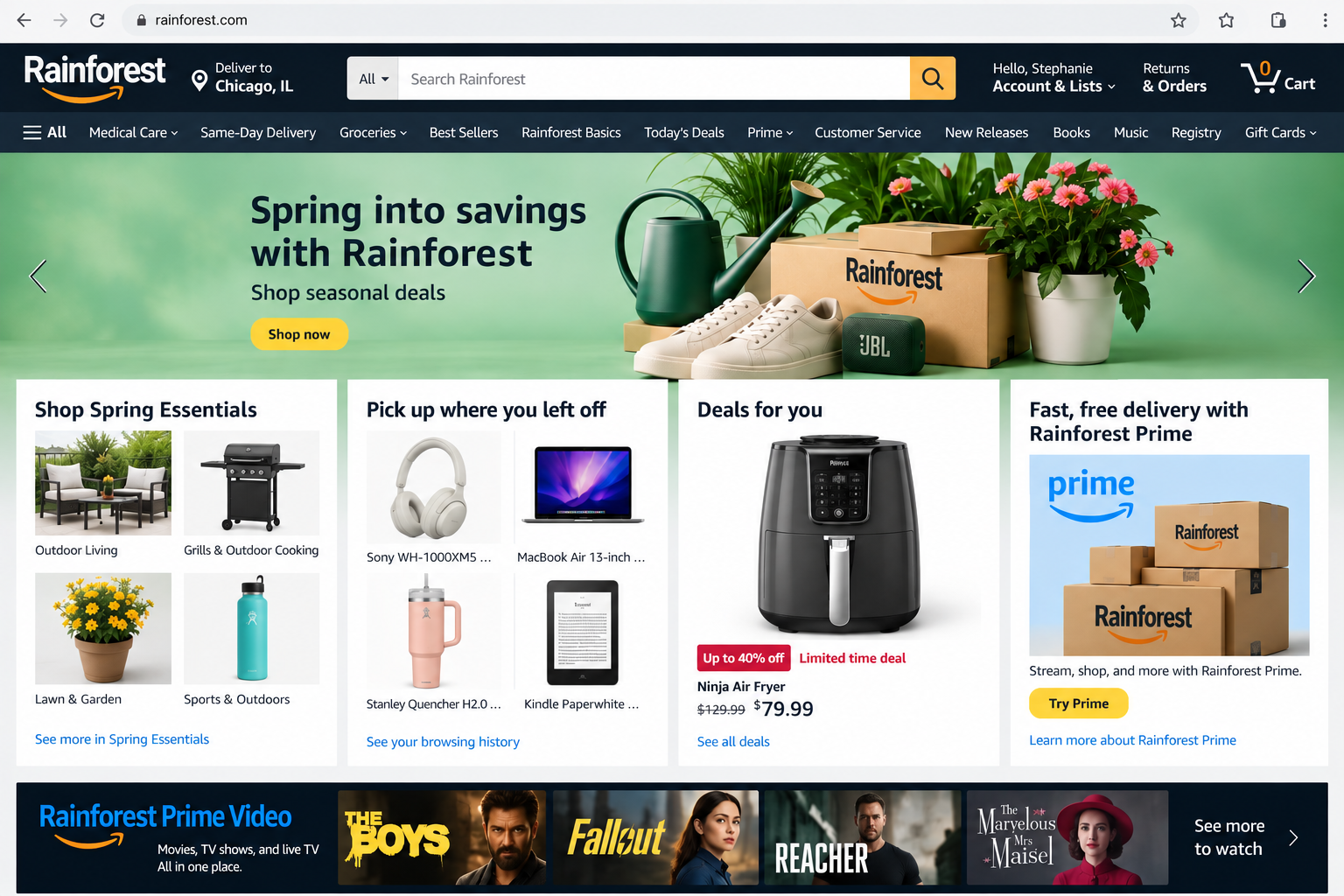 A static image of the fictional Rainforest.com mega shopping website